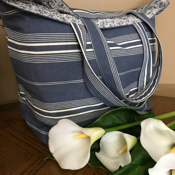 Handmade Women's Denim Striped Tote Bag, Market Tote Bag, Beach Bag with pocket - Picture 3 of 9